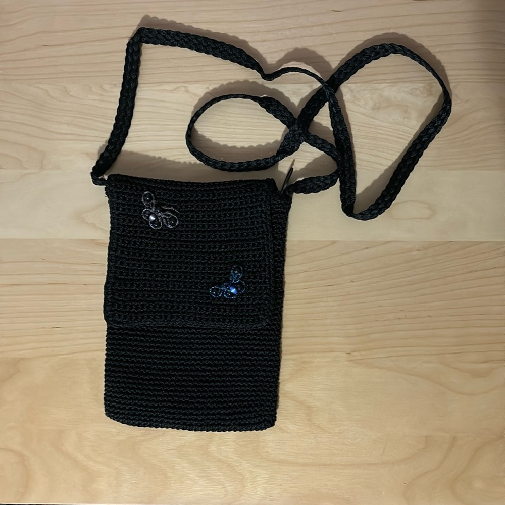 Black crocheted crossbody with beaded butterfly detail